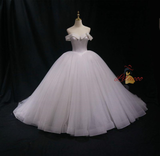White Tulle Off the Shoulder Pearls Wedding Dress