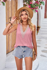 Solid Color Loose V-neck Lace T-shirt