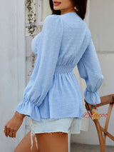 Casual V-neck Solid Color Lace-up Shirt