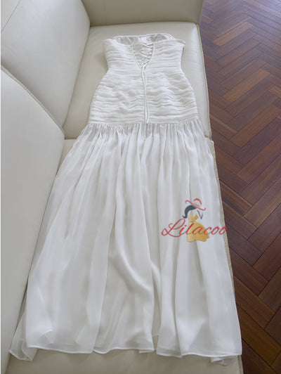 White Tulle Strapless Pleats Prom Dress