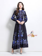 Palace Style Retro Breasted Printed Dress