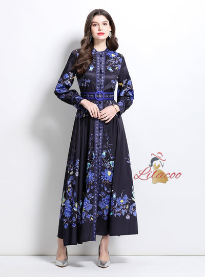 Palace Style Retro Breasted Printed Dress