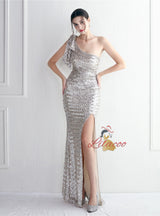 Mermaid Sequins One Shoulder Split Prom Dress