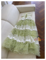 Green Tulle Lace Straps Tiers Prom Dress