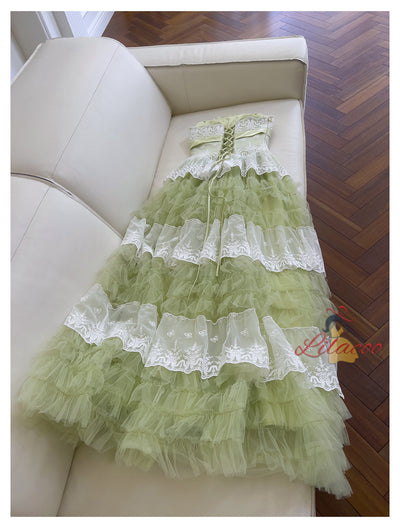 Green Tulle Lace Straps Tiers Prom Dress