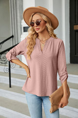 Solid Color V-neck Button Loose T-shirt
