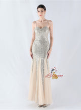 Sequins Tulle Spaghetti Straps Beading Prom Dress