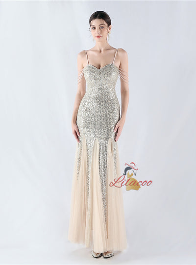 Sequins Tulle Spaghetti Straps Beading Prom Dress