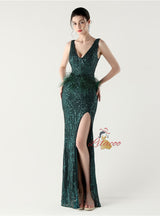 V-neck Mermaid Sequins Feather Prom Dress
