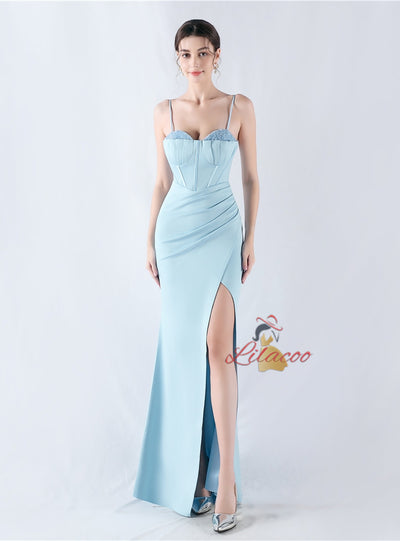 Mermaid Spaghetti Straps Pleats Beading Prom Dress