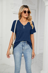 Solid Color Short Sleeve Button V-neck T-shirt