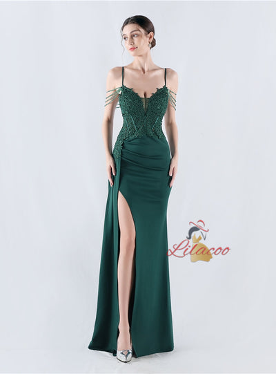 Mermaid Spaghetti Straps Beading Lace Prom Dress