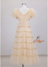 Champagne Tulle V-neck Prom Dress
