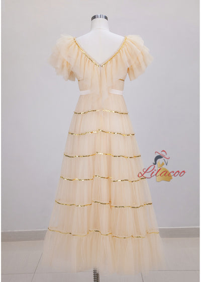 Champagne Tulle V-neck Prom Dress