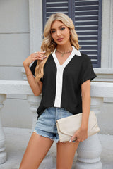 V-neck Contrast Short Sleeve Loose T-shirt