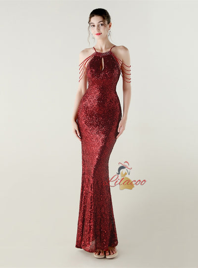 Mermaid Sequins Halter Beading Prom Dress