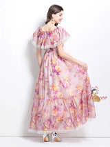 Off the Shoulder Flounced Printed Dress