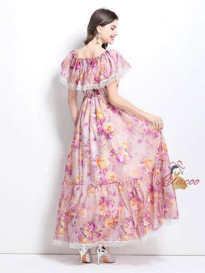 Off the Shoulder Flounced Printed Dress