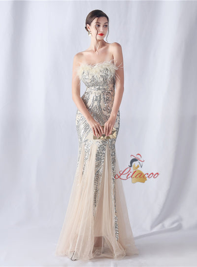 Mermaid Seuqins Tulle Feather Prom Dress