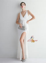 Burgundy V-neck Sequins Split Prom Dress