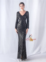 Mermaid V-neck Long Sleeve Sequins Prom Dress