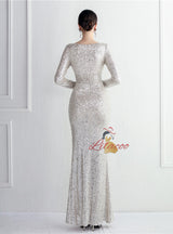 Long Seeve Mermaid Sequins Split Prom Dress