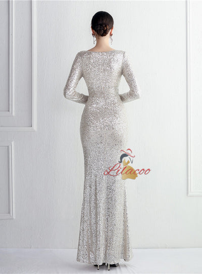 Long Seeve Mermaid Sequins Split Prom Dress