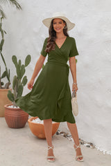V-neck High Waist Short Sleeve Dress
