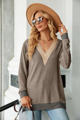 V-neck Contrast Split Loose Long Sleeve T-shirt