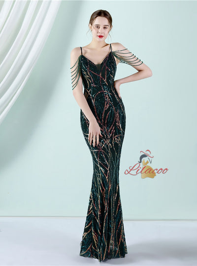 Sling Sequins Beading Long Slim Dress