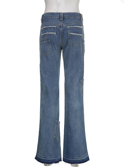 Retro Printed Stitching High-waisted Jeans