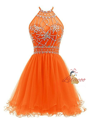 Black Tulle Halter Backless Homecoming Dress