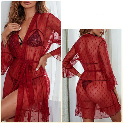 Mesh Perspective Ruffled Nightgown Pajamas