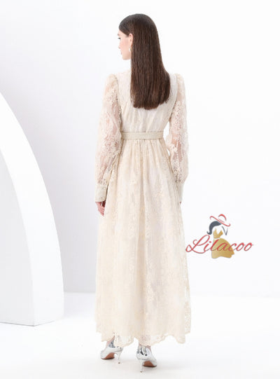 V-neck Lace Single-breasted Long Dress