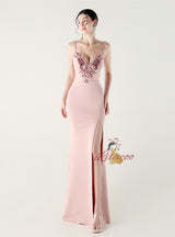 White Mermaid Spaghetti Straps Appliques Beading Prom Dress