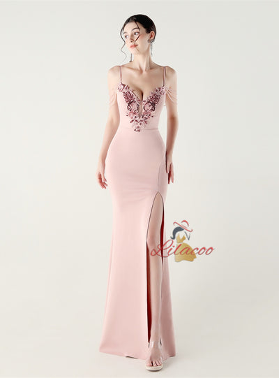 White Mermaid Spaghetti Straps Appliques Beading Prom Dress