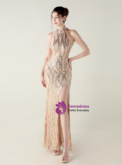 Mermaid Sequins Halter Beading Prom Dress