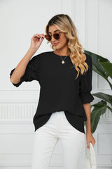 Solid Color Round Neck Loose Chiffon Top