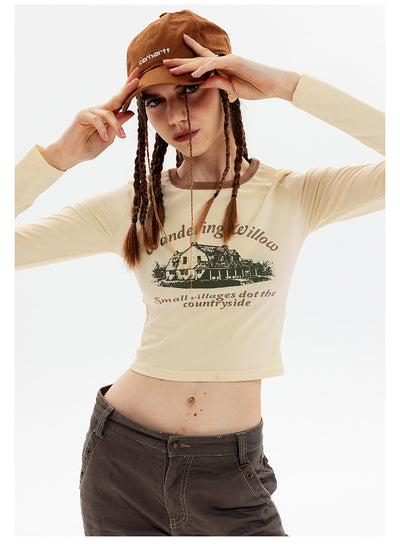 Retro Long Sleeve Slim Round Neck T-shirt