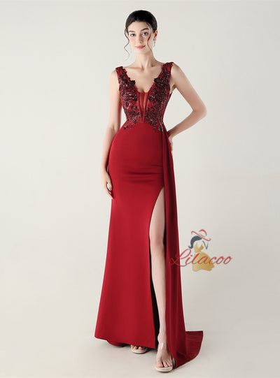 Mermaid V-neck Split Appliques Prom Dress