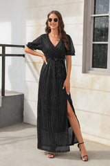 V-neck High Waist Split Short Sleeve Dress