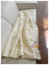 Yellow Satin Spaghetti Straps Bow Prom Dress