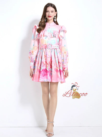Retro Lantern Sleeve Printed Dress