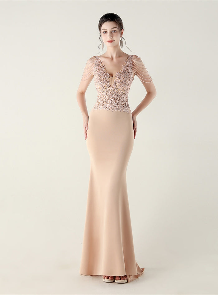 Mermaid V-neck Lace Beading Prom Dress