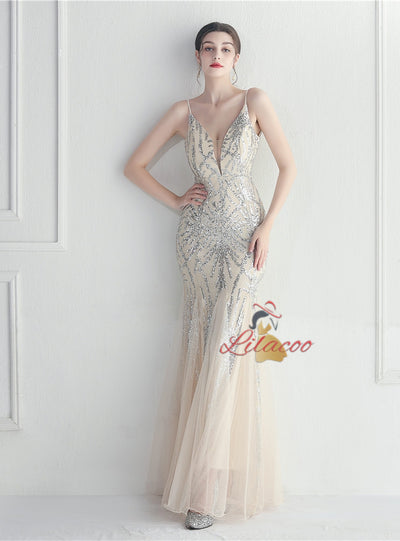 Spaghetti Straps Tulle Sequins Prom Dress