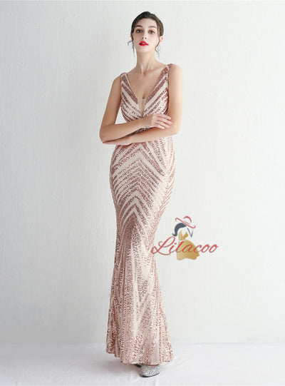 V-neck Mermaid Sequins Prom Dress