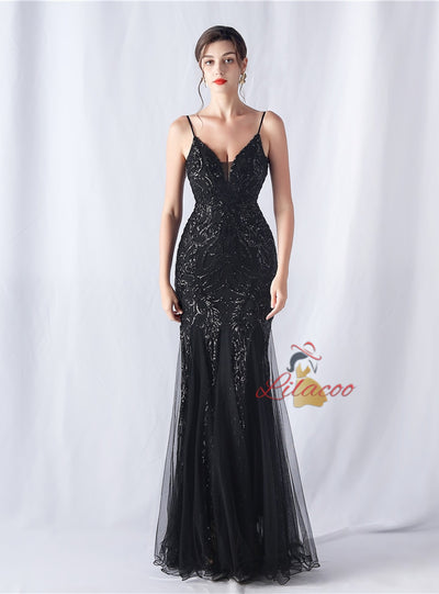 Mermaid Sequins Tulle Spaghetti Straps Prom Dress