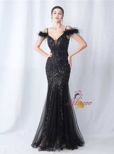 Sequins Tulle Spaghetti Straps Prom Dress