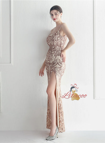 Spaghetti Straps Mermaid Sequins Prom Dress