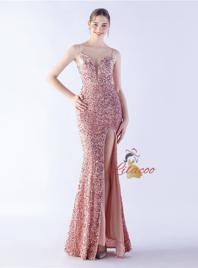 Spaghetti Straps Mermaid Sequins Prom Dress